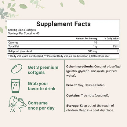R Alpha Lipoic Acid with Coconut Oil - 600mg Softgels