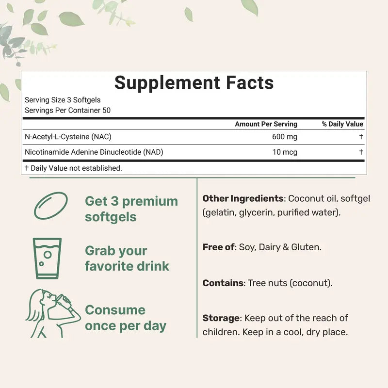 NAC with NAD+, Coconut, and MCT Oil - 600mg Softgels
