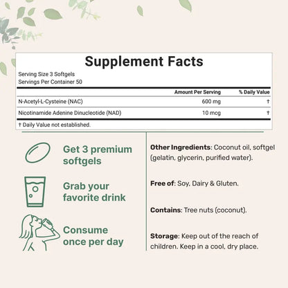 NAC with NAD+, Coconut, and MCT Oil - 600mg Softgels